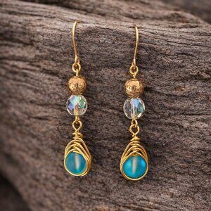 2 for $12 -Stunning wire wrapped beaded  blue earrings!